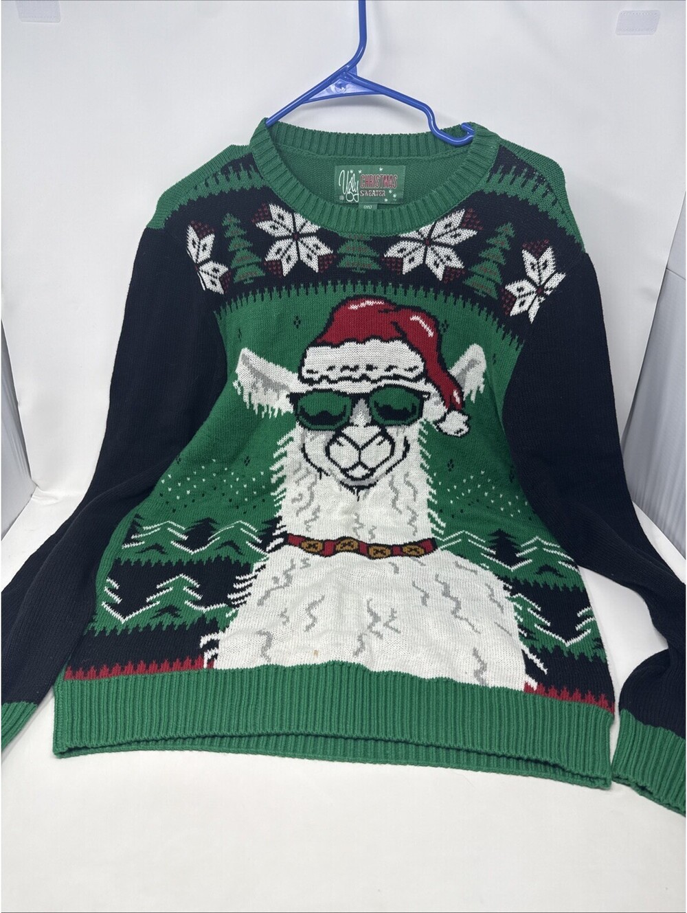 Ugly Christmas Sweater Llama Fa La La Llama with Santa Hat Medium Green Party